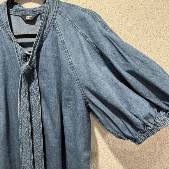 Lands End Denim Puff Sleeve Tie Front Top Women’s XL Medium Wash 100% Cotton - Picture 5 of 9